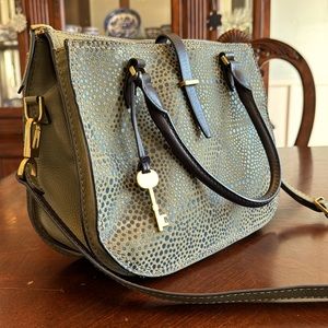Fossil Olive Navy Dotted Genuine Leather 2-in-1 Satchel Cross Body Bag